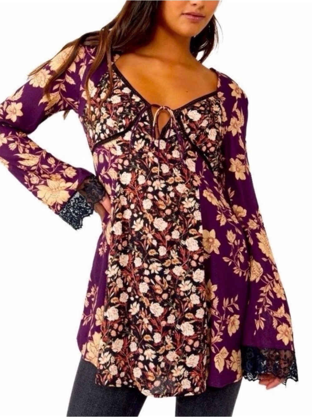 Free People Purple Floral Lace-Trim Boho Tunic